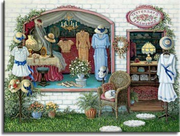 Yesterday's Fashions a painting of the window and front yard of Fancy Fashions,a vintage dress shoppe, displays the fashions and accessories of yesterday that have once again come into vogue. Another painting from Janet Kruskamp's Interior and Exterior Scenes Paintings Gallery of original oil paintngs by Janet Kruskamp.