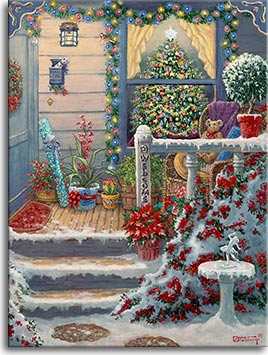 A festive porch awaits you, glowing in twinkling lights. A beautifully decorated Christmas tree fills the large front window, topped by a brilliant white star. Brightly colored potted plants , a wicker chair filled with presents, and a rolled up present are all on the small porch. The little mailbox holds another present wrapped with a purple ribbon while a colorful wreath welcomes you into the door.