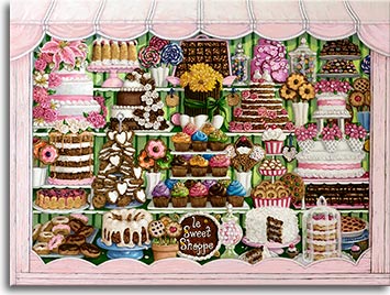An amazing display of sweet treats overlowing the shop window. Cakes, cupcakes, donuts, pies, and candy of all types are packed into the busy shop window. Frosting and icing decoration top off delicious looking cakes and cookies. Glass jars contain lollipops, gumballs, and wrapped hard candy, while boxes hold chocolate candies. Floral decorations and flowers brighten up the show window.