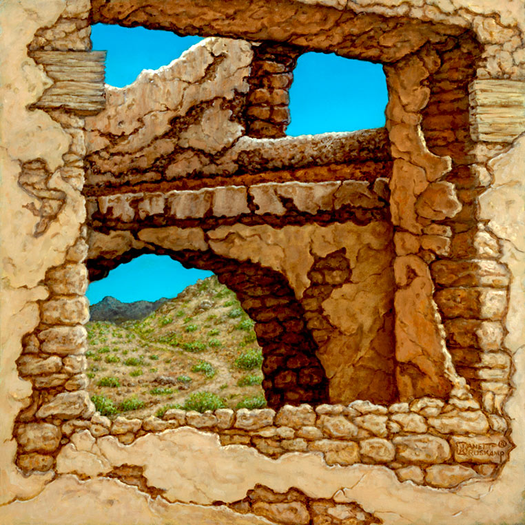 Adobe Near Taos II, a landscape painting by world famous artist Janet Kruskamp. A view through a crumbling adobe shows a dirt trail winding up the craggy hill, a small mountain in the background. The azure sky shows through at the top of the adobe brick building, with overlying plaster falling into decay exposing the old adobe block. One of the Interiors and Exteriors Gallery by Janet Kruskamp.