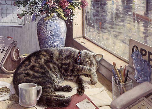After Hours, a painting by Janet Kruskamp showing a tabby cat sleeping on a desk with rolodex, coffee mug, blue vase with colorful flowers and a telephone. A window shows the rainy world outside and a closed sign - Cat Paintings Gallery -   original paintings, by Janet Kruskamp.