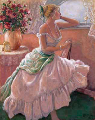 Anticipation, a beautiful original oil painting by painter Janet Kruskamp, available as an original painting in various sizes hand by the artist. A beautiful woman, with blonde hair carefully arranged up on her head, clothed in a gorgeous light colored gown with a large scarf tied around her waist. She sits sideways on a chair looking longingly out the window, her left elbow resting on the high window sill. An ornately framed photo sits next to a large vase of roses on a small round table behind her. A wine glass sits in front of the woman in the draped window sill. You can own an enhanced and hand-signed reproduction of this lovely painting of your very own.