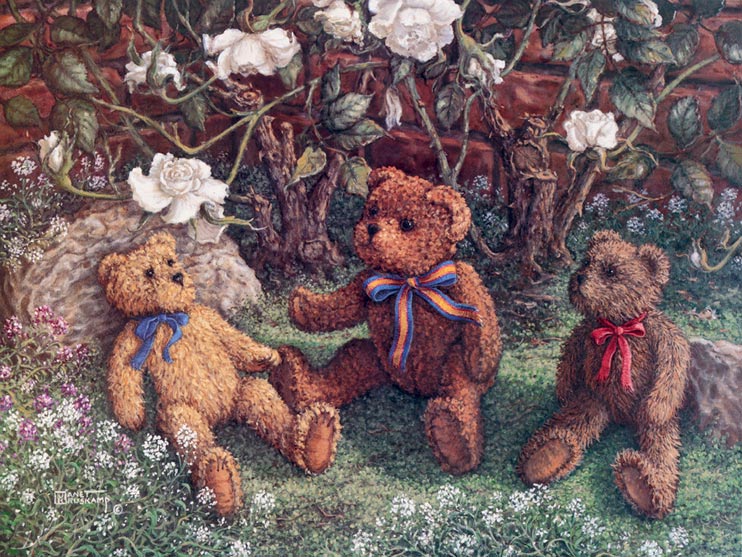 Bears and Roses, a painting of three teddy bears next to the white rose bush, one of the Janet Kruskamp Teddy Bear Gallery of  original paintings by Janet Kruskamp