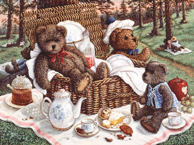 Bears Picnic, a painting of ma and pa bear sitting in the wicker picnic basket while baby bear sits with tea and dessert, one of the Janet Kruskamp Teddy Bear Gallery of  original paintings by Janet Kruskamp