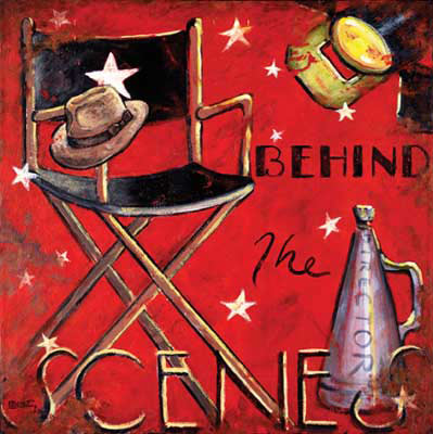 Behind the Scenes is another bold red poster in the vintage movie poster collection by artist Janet Kruskamp. Incorporating stylistic elements to represent the star of the movie (the high folding chair with the star on the back with the male star's fedora style had sitting on the front of the arm), the director (the old fashioned megaphone with Director written on the side) and the crew (studio light in the uppper right corner, lit with barn doors open), this weathered look poster is decorated by stars and the text BEHIND THE SCENES. This poster would be perfect for the wall of your home cinema.