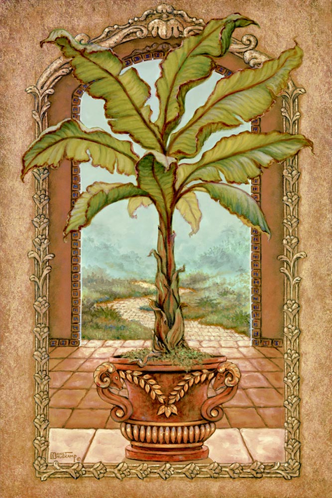 Classical Banana Tree, a painting of a potted banana tree inside an open arch and in front of another arch framing the path away from the palace, one of Janet Kruskamp's Original Oil Paintings, ,  by artist Janet Kruskamp width=