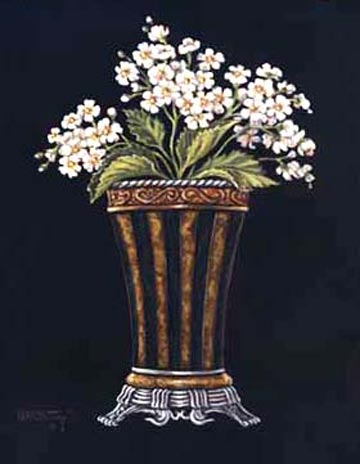 Classic white Mums fill this beautiful vase. Janet Kruskamp used a black background to bring out the details in this oriental style vase. Ms. Kruskamp loves small details. We can tell this by looking at the details in this vase. Notice the intricate design along the top and the bottom of this vase. a beautiful giclee personally enhanced by Janet Kruskamp.
