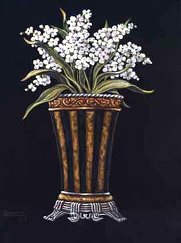 Janet Kruskamp used classic white flowers to enhance the details of the original vase. The dark background really makes Janet’s choice of colors mesh well in her second version of “Classic Vase with Flowers.” Just like the first this too is an original oil on canvas painting by Janet Kruskamp. 
