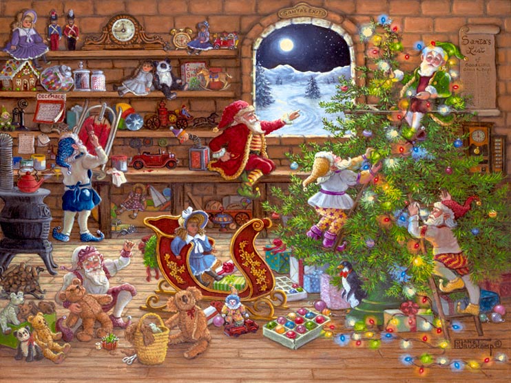 Countdown to Christmas, a new holiday painting from Janet Kruskamp. In this painting from artist Janet Kuskamp, Santa's elves are working on the final touches for Santa's deliveries. Toys are everywhere, the shelves on the wall, on the floor, under the workbench. Stuffed teddy bears, dolls, cars, toy soldiers and a beautiful red sleigh are also ready to go. The clock on the top shelf shows a quarter to midnight while one elf puts the finishing touches on a sled. Another one is putting the final stitches in a teddy bear, and two more are finishing the tree decorations - one hanging lights and the other elf stringing the glowing lights that are across the floor in the foreground. The long scroll of Santa's list hangs on the wall, and a calendar shows December.