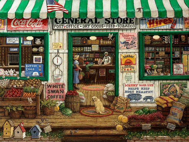 a women stands inside the double doors of the local general store while a small boy points at the candy jar the storekeeper is presenting. A Cocker Spaniel sitting on the braided rug in front of the door turns his had back to look at you. The porch is filled with vegetables and melons, along with seed and feed. Signs cover the outside of the building and the shelves inside are filled with dry goods. A post office is visible through the left window, while hats are displayed in the window on the right.
