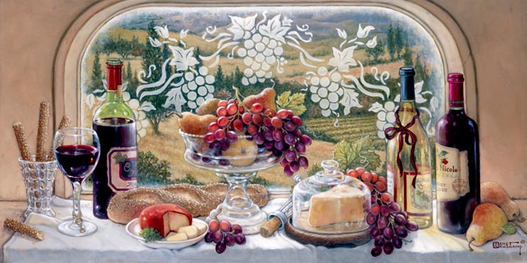 Tuscan Picnic, a new painting by artist Janet Kruskamp. One of the Still Lifes Gallery of Original Oil Paintings and original paintings by Janet Kruskamp