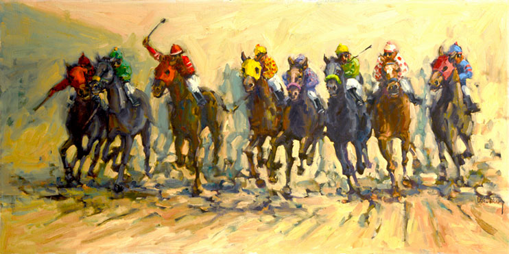 Into the Stretch depicts a hotly contested thorougbred horse race thundering into the stretch, dirt flying from eight horses hoofs as they run neck and neck toward the finish line. Brightly colored jerseys and helmets adorn the riders and they push their mounts to their utmost. This is an origlnal oil painting from artist Janet Kruskam