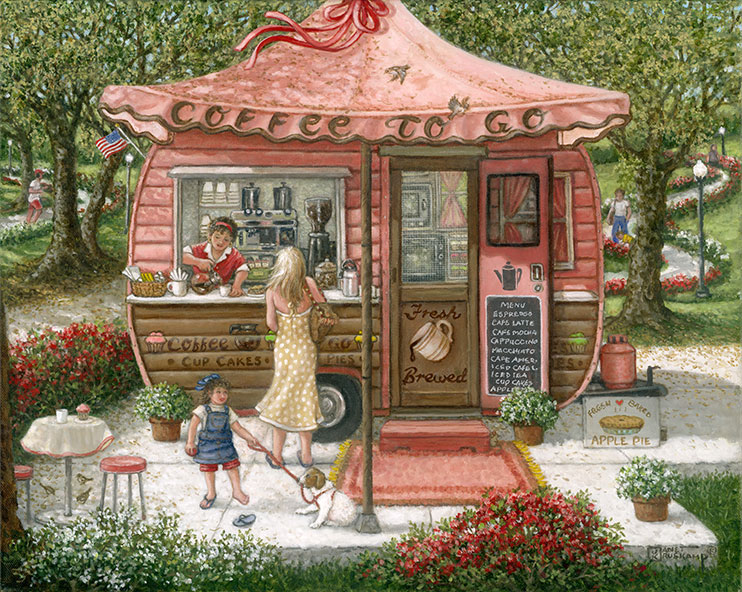 A woman in a long summer dress stands before the window of a small travel trailer converted into a coffee stand, her dress and hair blowing in the breezy, sunny day. A woman in a red waitress uniform inside the trailer pours her coffee as her little girl with her dog on leash wait. The little brown trailer, and reddish awning that says "Coffee to Go" along the outside edge, sits on a concrete pad in a park. Winding, flower lined paths show a jogger behind the trailer. a small table and stools sit on the lower left corner of the concrete, holding a cup and cupcake. A chalkboard menu is on the opened inside of the trailer door advertising coffee drinks.