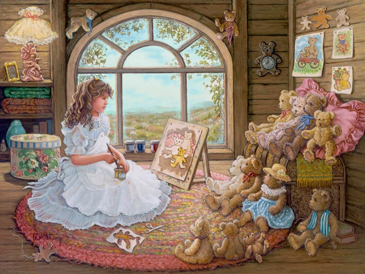 Jenny Paints Her Bears, a painting of a young girl with curly brown hair in the attic in front of a bright window painting her large collection of teddy bears sitting on and around an old trunk. The attic is decorated with other paintings of her teddy bears as well as other teddy bear memorabilia. One of Janet Kruskamp's Paintings - Figure and Genre Gallery - Original Oils and  original paintings, by Janet Kruskamp.
