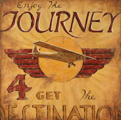 Journey is a new poster from artist Janet Kruskamp. The striking Art Deco styled poster has the text "Enjoy the Journey, 4 get the Destination". A wonderful vintage monoplane flies in front of a sun circle with red wings on either side in the center of this weathered looking poster. The sun's rays are faintly visible in the background, radiating outwards from the center. This tan and red colored poster gives a new twist to the saying "It's not the destination, it's the journey" in a wonderful, nostalgic way. Purchase the original painting of this poster for yourself or the adventurous one in your family.