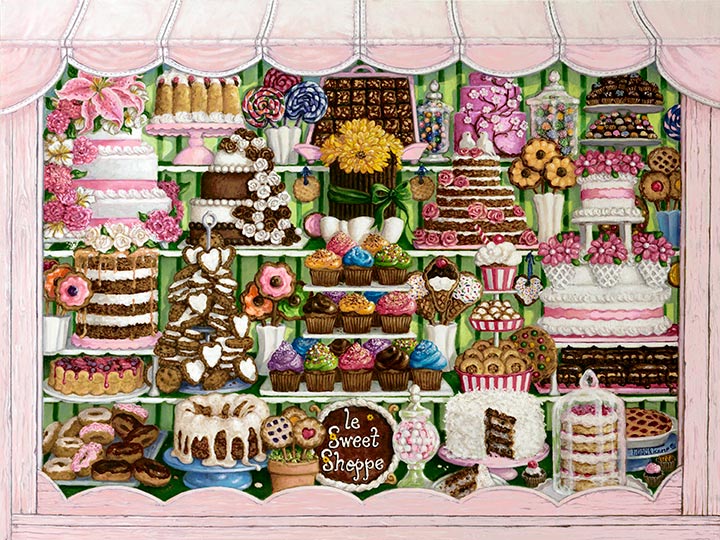 An amazing display of sweet treats overlowing the shop window. Cakes, cupcakes, donuts, pies, and candy of all types are packed into the busy shop window. Frosting and icing decoration top off delicious looking cakes and cookies. Glass jars contain lollipops, gumballs, and wrapped hard candy, while boxes hold chocolate candies. Floral decorations and flowers brighten up the show window.