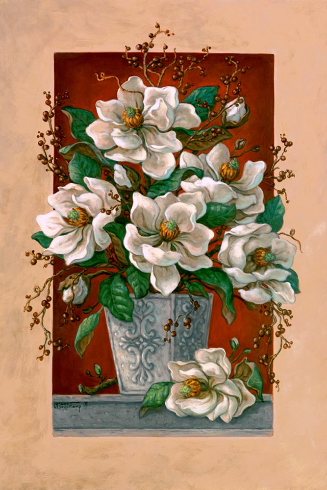Janet Kruskamp's Paintings - Magnolias En Rouge, an original oil painting showing a lovely vase of cut magnolia blossoms coming through in front of the frame in the painting. A deep rich red wall is contrasted by the white petals and light grey classical vase on a gray shelf. A lone magnolia blossom lays next to the vase on the shelf. One of the Still Life Gallery of Original Oil Paintings and  original paintings by Janet Kruskamp