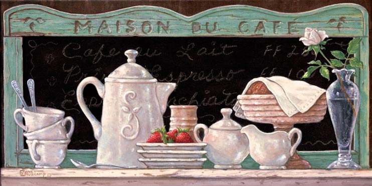 Mason Du Café, a newer original paintings,  always hand by Janet Kruskamp. This oil painting of an antique coffee set that was gently used for breakfast along with fresh strawberries and croissants. Only the delicate single rose knows how romantic this meal really was. 