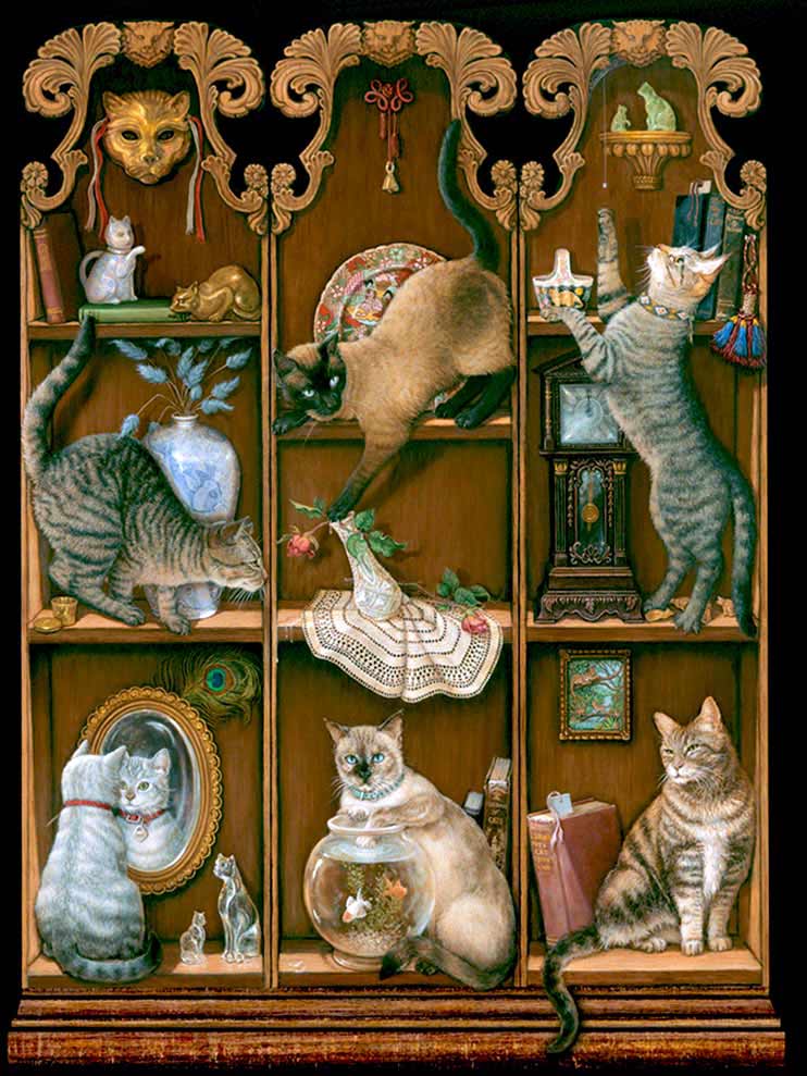Midnight Mischief, a painting by Janet Kruskamp of six assorted cats in various stages of mischief involving a mirror, goldfish bowl, precarious flower vase and more, part of the Cat Paintings Gallery of original oil paintngs by Janet Kruskamp.