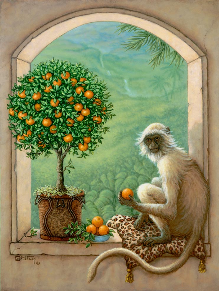 Monkey and Orange Tree, a painting of a monkey resting on a leopard skin pillow sampling an orange from an orange topiary tree, one of the Original Oil Paintings by artist Janet Kruskamp