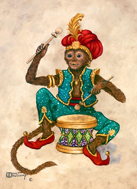 Monkey with Drum, an oil painting of a monkey clothed in blue pants and vest, red shoes and red turban with a feather, holding drumsticks and sitting behind a drum. The painting has a wide brown decorated border framing an off-white background. One of Janet Kruskamp's original paintings,  by artist Janet Kruskamp