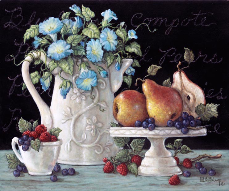 Morning Glories with Fruit - An antique coffee pitcher is used as the Morning Glories vase. A cake display and coffee cup are used in this oil painting to display fresh pears raspberries and grapes. Straw berries and grapes dance on the white linen, their bright color brings out the detail in the antique porcelain. The soft blue of the morning glories and the delicate vine wrapped around vase handle, it what makes this  canvas painting one of my personal favorites.