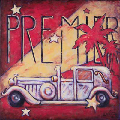 Janet Kruskamp's new series of vintage movie posters includes Premier, an original painting. Reminding us of the splendor that was Hollywood at it's peak, a vintage touring car, complete with an open driver's compartment sits ready to roll right to left. You would expect the driver to jump out any second to open the door for his movie star passenger. A swath of spot light cuts diagonally through the background from the lower left to the upper right. The elongated word PREMIER sits in thin black letters above the spotlight and red background, but the text is masked off over portions of the last four letters by a graphic representation of red palm trees.  