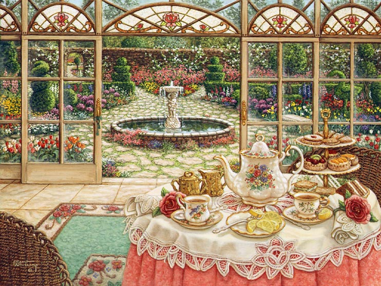 Janet Kruskamp's Paintings - Tea in the Sun Room, a painting set in the sun room overlooking a spectacular garden centering around a circular fountain and moss lined cobblestone path. Tea is set in the sun room on a table sitting on a large area rug. Tea and lemon sit in front of the full pastry tray. One of the Gardens and Florals Gallery of Original Oil Paintings and  original paintings by Janet Kruskamp