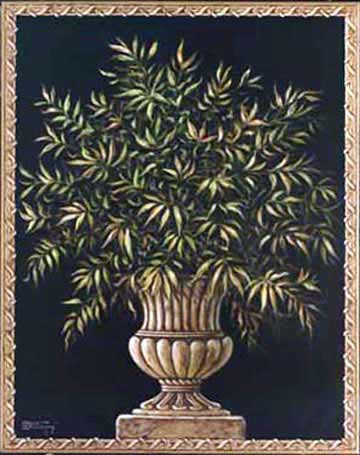 Urn with Plant, a painting of a classical style round urn sitting atop a thin square base. The urn holds a thick spreading green plant with small leaves and the painting is bordered by a dimensional frame, looking like it was wrapped in cord, a new giclee , personally enhanced and by artist Janet Kruskamp.