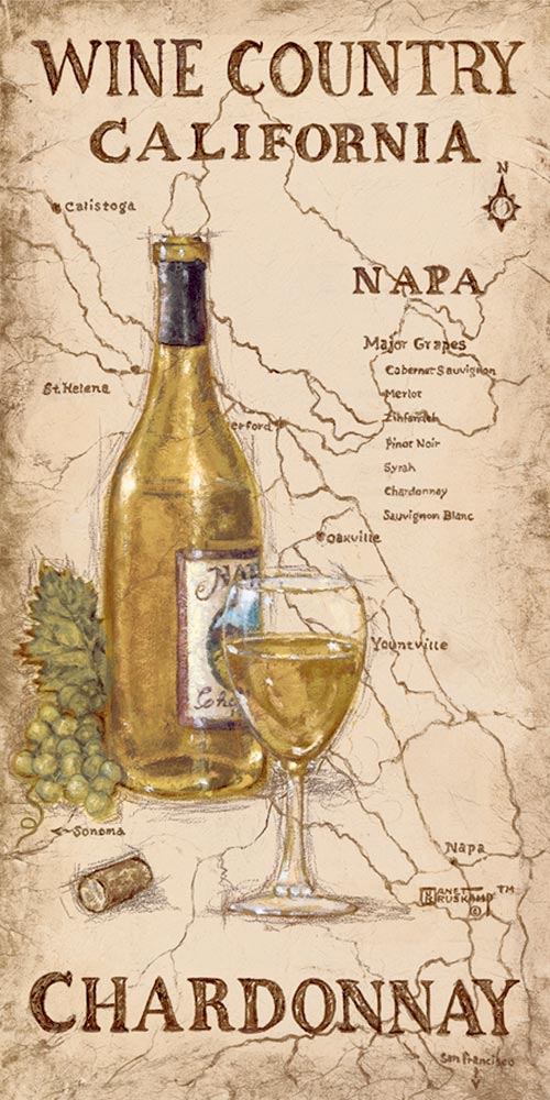 Wine Country I, a giclee , personally enhanced and by the artist Janet Kruskamp featuring an uncorked bottle and glass of Chardonnay wine with a bunch of Chardonnay Grapes. The background is an antique looking map of the Napa wine country in California.