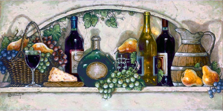 Wine, Fruit 'n Cheese Pantry, a new giclee , personally enhanced and by artist Janet Kruskamp showing a white tile counter laden with grapes, pears, four different wine bottles, a glass of wine and a slice of cheese.