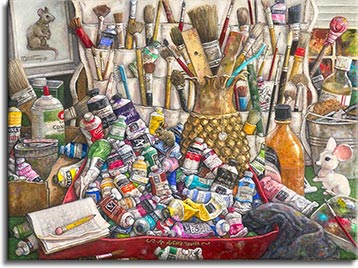 This painting reflects the professional artist's world, overflowing with paint tubes and paint brushes of every conceivable hue, size and shape. The variety of colors on the used paint tubes cover the spectrum - blues, reds, greens, orange, yellow, purple and many more. Bottles of lacquer and thinner are in the mix, along with a model of her trademark mouse that appears in almost all of her paintings. A stylized metal pineapple holds a ruler and an assortment of brushes. A white cloth hanging shoe holder holds more brushes and and occasional paint tube. An incredibly detailed painting by painter Janet Kruskamp.