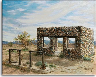 Beyond Hope, Arizona, an original oil painting by Janet Kruskamp is a landscape of the Southwestern desert showing an old roofless building made of a colored stone facade, offering an view straight through to the mountains in the distance. Two hitching posts stand out front as a mute reminder of days of horse travel. A few dry trees break up the view to the distant mountains and high thin clouds paint the cyan sky a wispy white. 