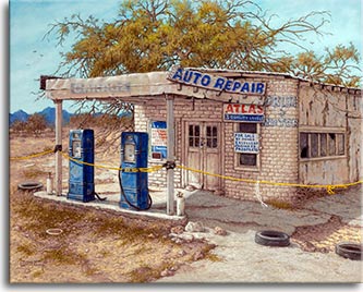 Excellent Business Prospects, a dusty dry crumbling abandoned gas station roped off by a yellow rope. Two old-fashioned blue gas pumps sit out front of the small adobe brick building. For sale signs adorn the front, one eclaiming Excellent Business Prospects. The background is empty desert punctuated by a few stands of trees leading to blue mountains in the distance. A large tree breaks up the blue sky directly behing the building. Another original oil painting on canvas by artist Janet Kruskamp