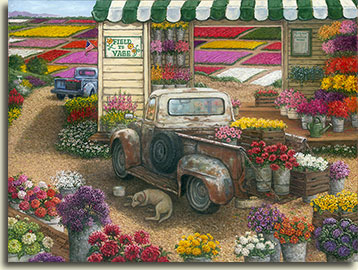A rainbow of flower colors, both in the fields and cut, ready for your vase, brighten this painting by Janet Kruskamp. Every imaginable type and color of flowers are shown here, the brightly colored fields of flowers in the background are visible through the wooden storefront. A colorful green and white awning tops the simple wood frame shop, fronted by the sign "Field to Vase" and the Spring/Summer price list on the other side of the ample doorway. Old pickup trucks hold containers of cut flowers ready to purchase. A sleeping dog lies in the shade beside the pickup in the foreground, a bowl of water by his side.