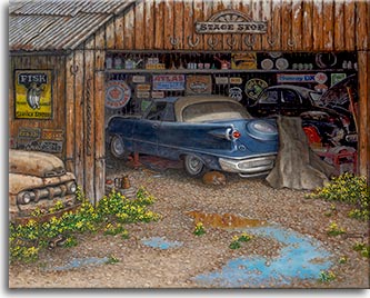 The Collector, a painting by artist Janet Kruskamp, presents the contents of the collector's garage. Vintage signs, oil cans and auto parts line the shelves and walls of the garage, inside and out. A classic blue two-door coupe with large fins sits in front of an older black car. The front grille of a pickup truck peeks out from the side of the garage while a ginger tabby cat naps under the blue car. The sky and building is reflected in the puddles in the driveway. Over the wide open garage door is a sign Stage Stop with a row of  horseshoes nailed  under the sign. Vintage license plates finish off the side of the garage.