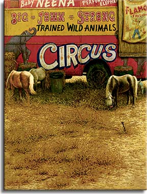 The Performers, an oil painting by Janet Kruskamp, presents a circus wagon parked in the weeds with miniature horses grazing around the wagon in front of a bale of hay. The worn side of the trailer depicts Baby Neena, the performing elephant, part of Big John Strong's trained wild animals. An old poster for Flamo the fire eater is tacked onto a weathered sheet of wood on the side of the trailer.