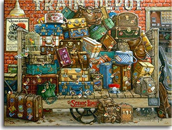 The Scenic Limited, an original oil painting on canvas by artist Janet Kruskamp, depicts and old-fashioned wooden baggage cart laden with suitcases, bags, trunks, a birdcage, hat boxes and a rucksack. A bright red topped cap rest on the leafblown cart sitting in front of a red brick wall with Train Depot painted on the brick. A poster advertising The Scenic Limited train is on the brick wall, illuminated by a hanging light. Over the right side of the cart the baggage room is seen.