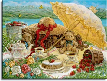 A Beary Nice Picnic, a sumptuous lakeside repast, including tea, cake, flowers and strawberries, set for three little brown teddy bears. Tea is poured for two in the coordinated floral pattern cups. A frosted cake topped by a solitary strawberry sits on the tablecloth next to a basket of strawberries on its side, overflowing berries. A large parasol and beribboned hat await the return of their young owner. A beatiful spot in the flowers, overlooking a placid lake against the mountainous background. one of the Janet Kruskamp Teddy Bear Gallery of  Original Paintings by Janet Kruskamp