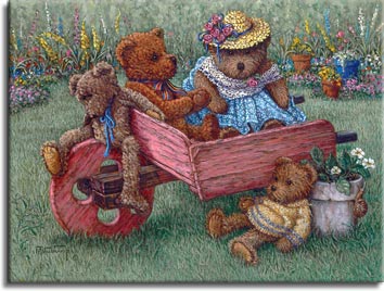 Amys Bears, a painting of a teddy bear family of four on and about a wooden wheelbarrow out on the lawn, one of the Janet Kruskamp Teddy Bear Gallery of Original Oil Paintings and  Original Paintings by Janet Kruskamp