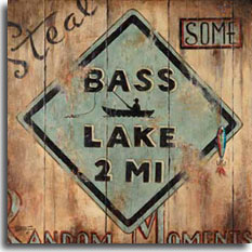 Bass Lake is one of Janet Kruskamp's series of vintage road sign posters. Painted over a wooden plank background is a familiar diamond sign shape with the silhouette of an angler in his boat fishing, in the middle of the text BASS LAKE 2 MI. Surrounding the sign on all four corners is the motto: 'Steal some Random Moments' painted into the wood. A fishing lure dangles on the right side of the sign, stuck into the wood. The sign must have been there for quite some time, the paint is scuffed, scratched, worn, and generally in disrepair. Think of the fisherman in your life with the original painting of this poster.