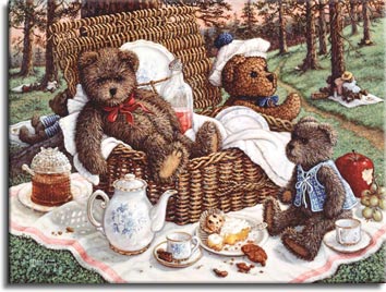 Bears Picnic, a painting of ma and pa bear sitting in the wicker picnic basket while baby bear sits with tea and dessert. The surrounding woods are filled with teddy bear picnics, one of the Janet Kruskamp Teddy Bear Gallery of original oils and  Original Paintings by Janet Kruskamp