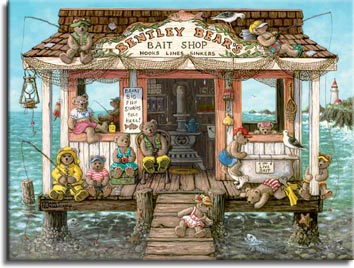 Bentley Bears Bait Shoppe, a nautical painting of a bait shop out on the water with a lighthouse in the distance, filled with teddy bears fishing and sitting. Signs proclaim Live Bait and Beary Big Fish Stories Told Here! Sea gulls sit on the roof and porch, fishing nets hang across the front under the sign. Some of the teddy bears are dressed in yellow rain slickers, others in everyday clothes. A small girl bear leans out from the walkway to view a fish with it's head out of water. One Janet Kruskamp's Teddy Bear Gallery of  original paintings by Janet Kruskamp