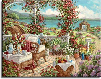 Janet Kruskamp's Paintings - Breakfast on the Veranda, a painting of a colorful setting for breakfast amidst the purples, reds, yellows and blues of all the flowers and vines surrounding the sumptuous repast on the wicker table next to the wicker chair and atop a small wicker basket on the ground on the veranda. One of the Gardens and Florals Gallery of Original Oil Paintings and  original paintings by Janet Kruskamp