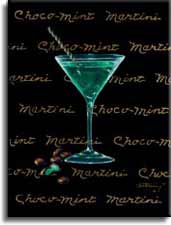 Choco-Mint Martini, a giclee for sale, personally enhanced and by the artist, Janet Kruskamp illustrating a classic martini glass with a green colored martini inside and chocolate pieces and mints at the base of the glass. The black background has the name Chocolate Martini handwritten in multiple lines across the background.