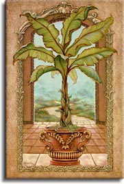 Classical Banana Tree, a painting of a potted banana tree inside an open arch framing the path away from the palace, one of Janet Kruskamp's Original Oils and  original paintings, hand by artist Janet Kruskamp