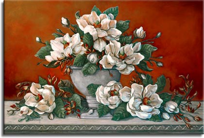Janet Kruskamp's Paintings - Classical Magnolia II, a beautiful painting of a side table arrangement of white magnolia in and around a classical grey vase. The deep red of the wall behind the table contrasts with the pale white of the large fully opened magnolia flowers. Many small buds promise more blossoms to come. One of the Garden and Florals Gallery of Original Oil Paintings and  Original Oil Paintings by Janet Kruskamp