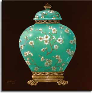 This painting by Janet Kruskamp, Jade Ginger Jar, depicts a large green jade colored jar, banded at the bottom by a burnished metal base sitting on flat claw feet. A round lid with small round handle sits on the top of the classic wide amphora shaped jar, beautifully painted white blossoms decorate the smooth exterior. This is a new giclee , personally enhanced and by artist Janet Kruskamp.