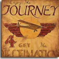 Journey is a new poster from artist Janet Kruskamp. The striking Art Deco styled poster has the text "Enjoy the Journey, 4 get the Destination". A wonderful vintage monoplane flies in front of a sun circle with red wings on either side in the center of this weathered looking poster. The sun's rays are faintly visible in the background, radiating outwards from the center. This tan and red colored poster gives a new twist to the saying "It's not the destination, it's the journey" in a wonderful, nostalgic way. Purchase the original painting of this poster for yourself or the adventurous one in your family.