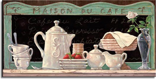 Maison Du Café, a newer original paintings,  always hand by Janet Kruskamp. This oil painting of an antique coffee set that was gently used for breakfast along with fresh strawberries and croissants. Only the delicate single rose knows how romantic this meal really was. 